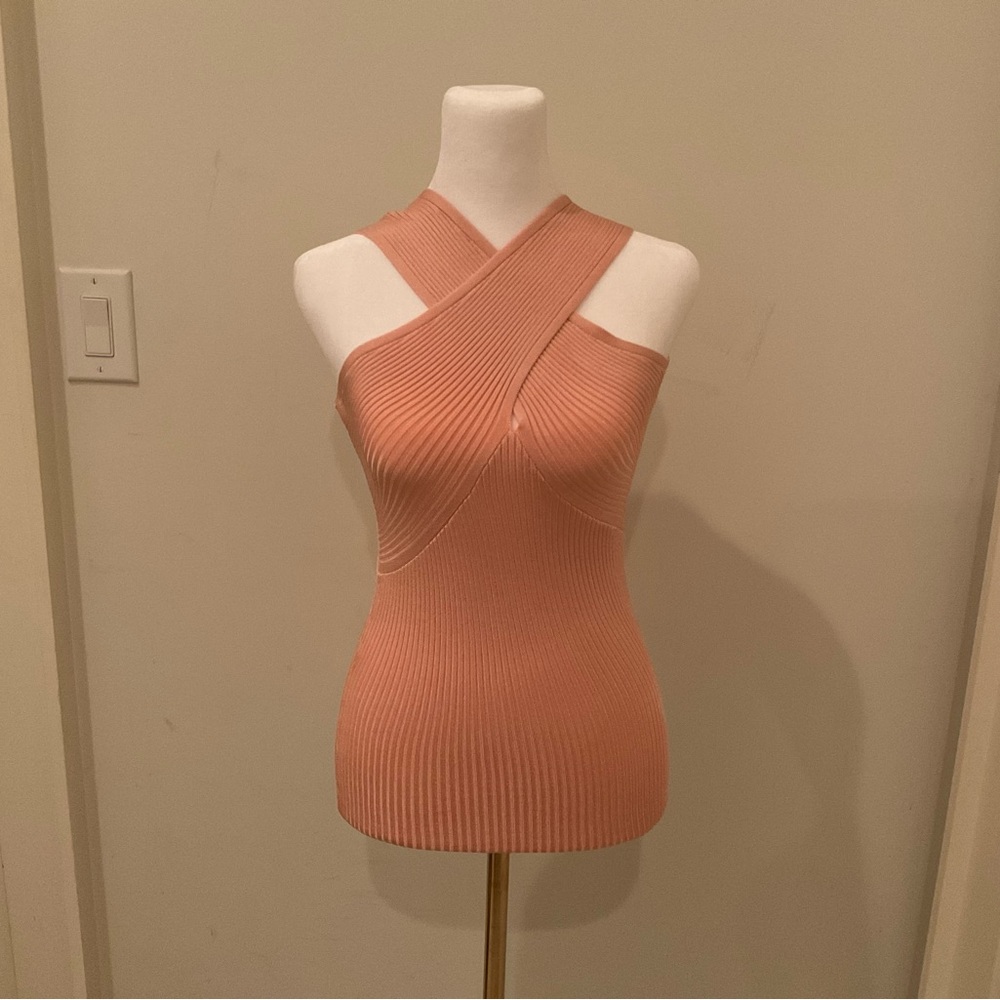 Reiss Ribbed Cross-Front Tank Top in Blush Peach